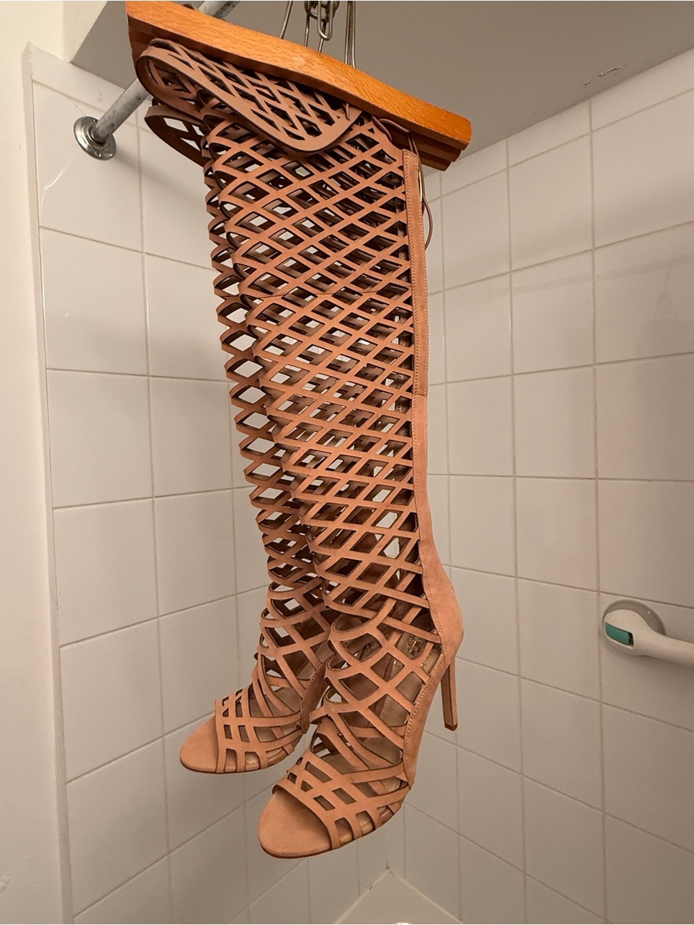 Vince Camuto Tan Lattice Over-the-Knee Stiletto Boots with 4 inch heels - Picture 2 of 11